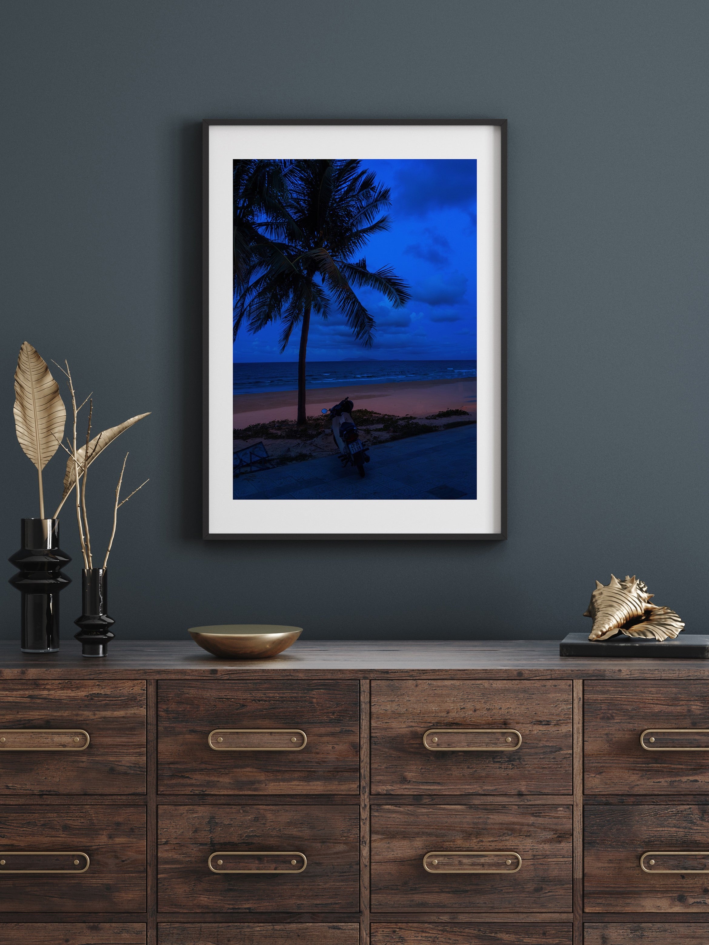 Vietnam's Beach: Motorcycle Rests on Serene Beach | Poster