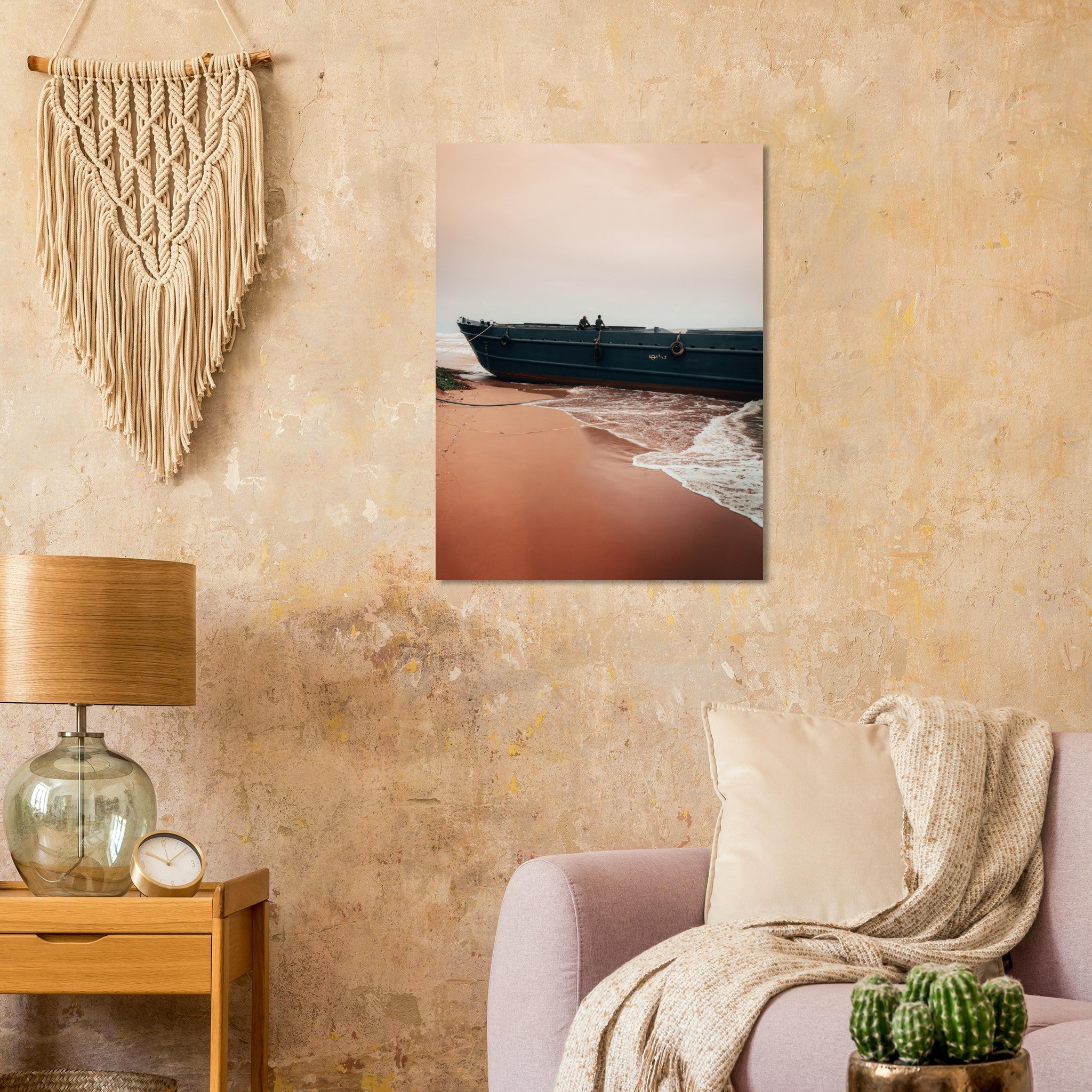 Vietnam Coastal Beauty: Serene Boat Shoreline | Metal Print