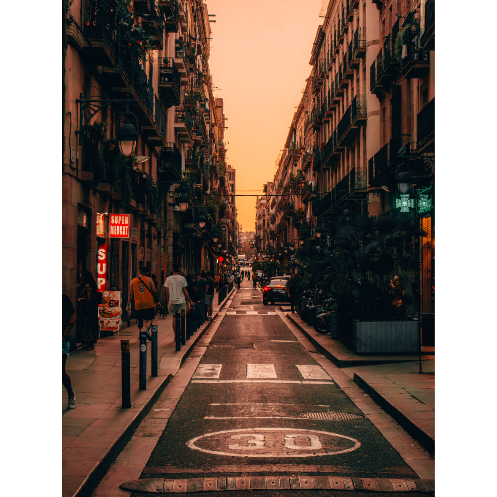 Barcelona’s Evening Charm: Street Scene at Golden Hour | Acrylic Print