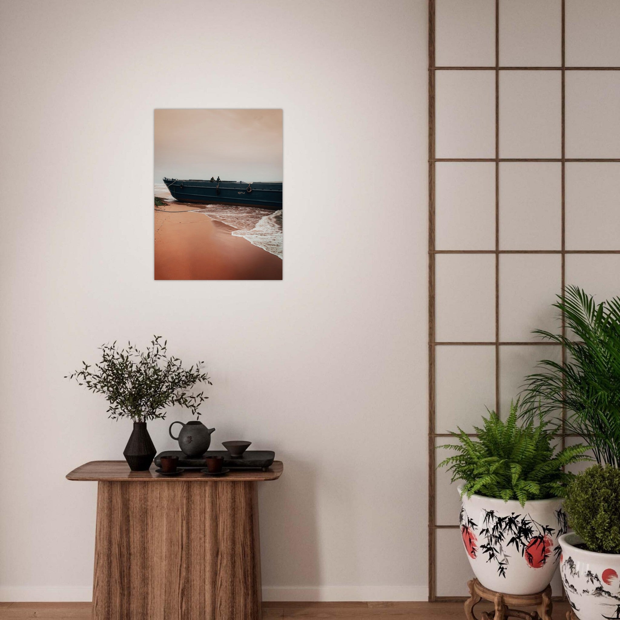 Vietnam Coastal Beauty: Serene Boat Shoreline | Metal Print