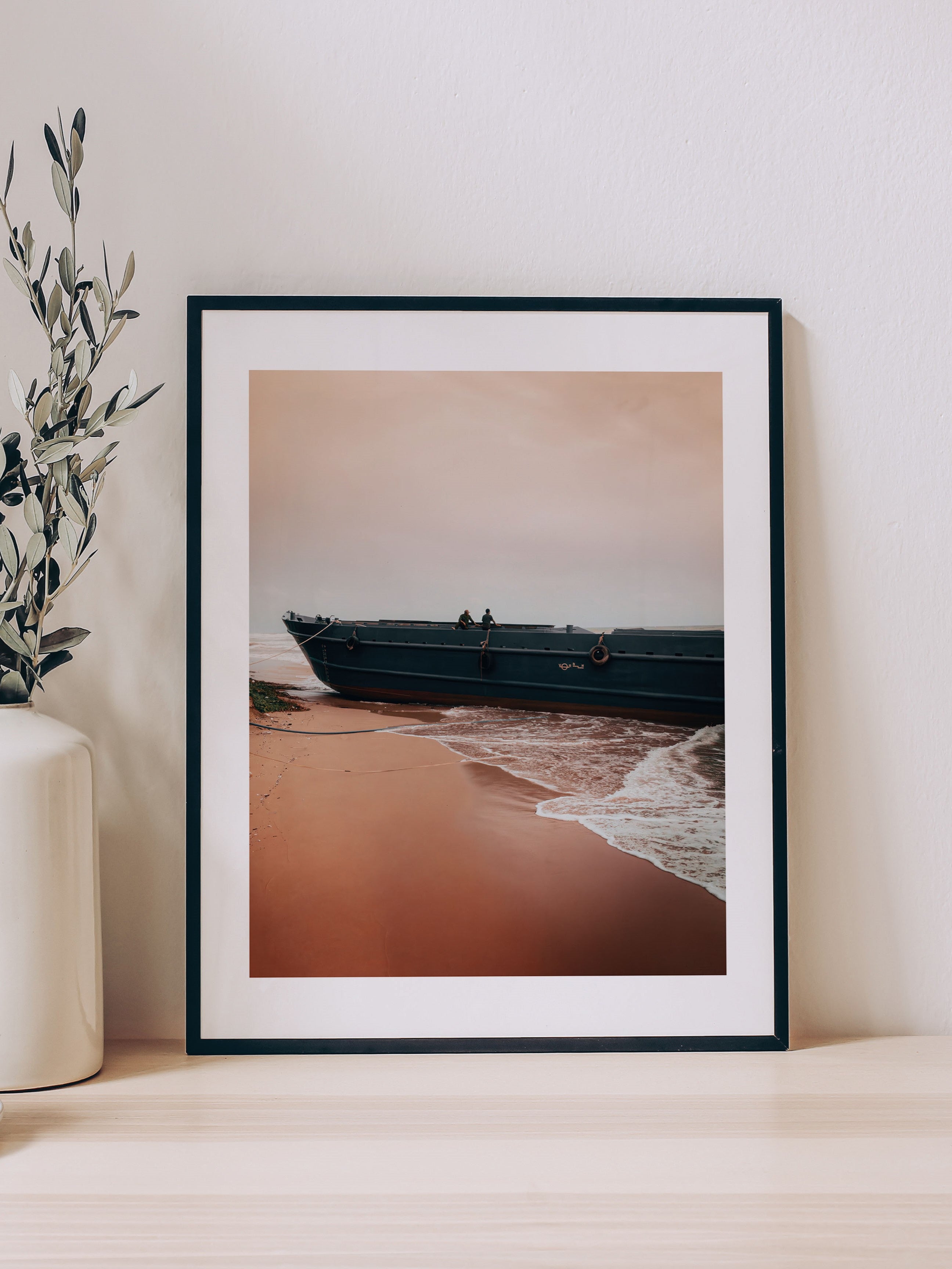 Vietnam Coastal Beauty: Serene Boat Shoreline | Poster